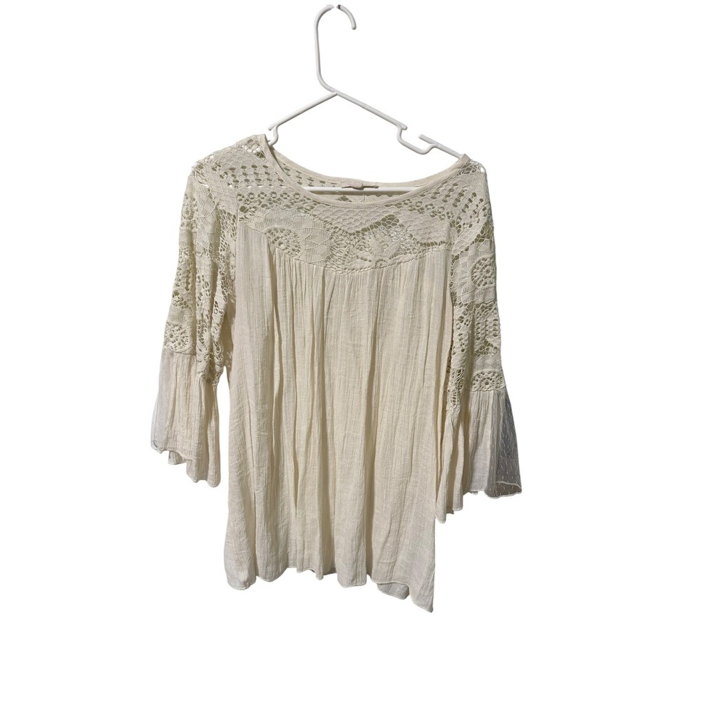 Rebellion Again Size Large Cream Crochet Lace Bell Sleeve Boho Blouse